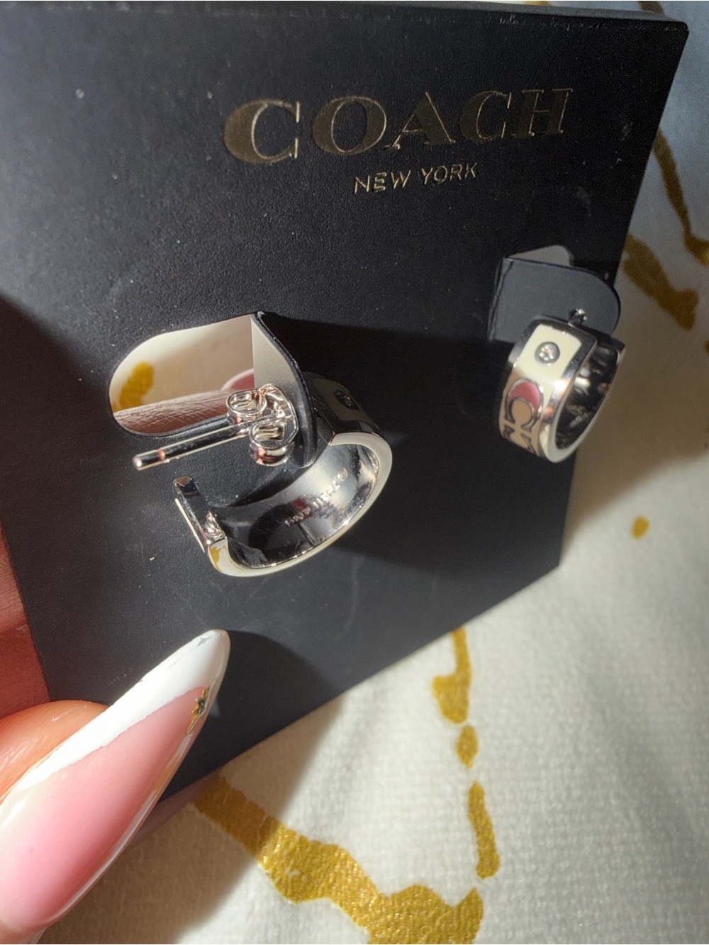 Coach White and Pink Crystal Signature C Hoop Earrings - Picture 6 of 8